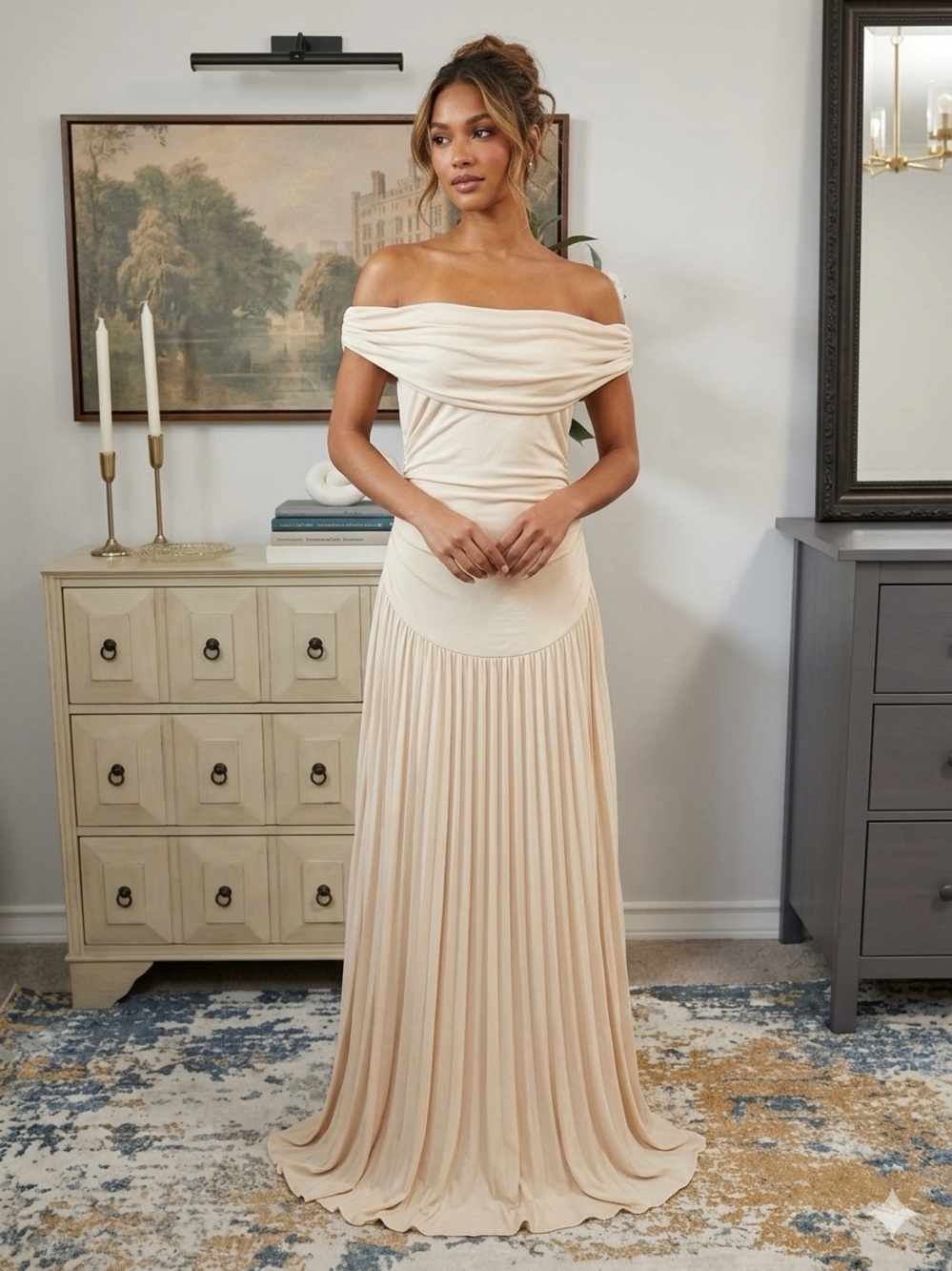 Lioness Off-Shoulder Cream Pleated Maxi Dress